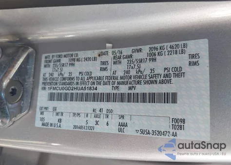 2017 Ford Escape Se z USA, uszkodzony, nr VIN 1FMCU0GD2HUA51834